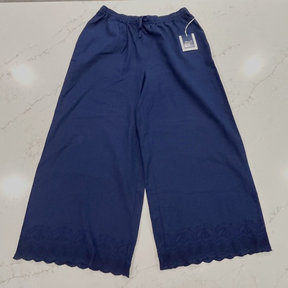 Roller Rabbit Target NEW Wide Leg Pants Womens M Blue Cotton Linen Scalloped Hem
